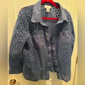 Susan Graver Blue Eyelet Lace Button Down Shirt